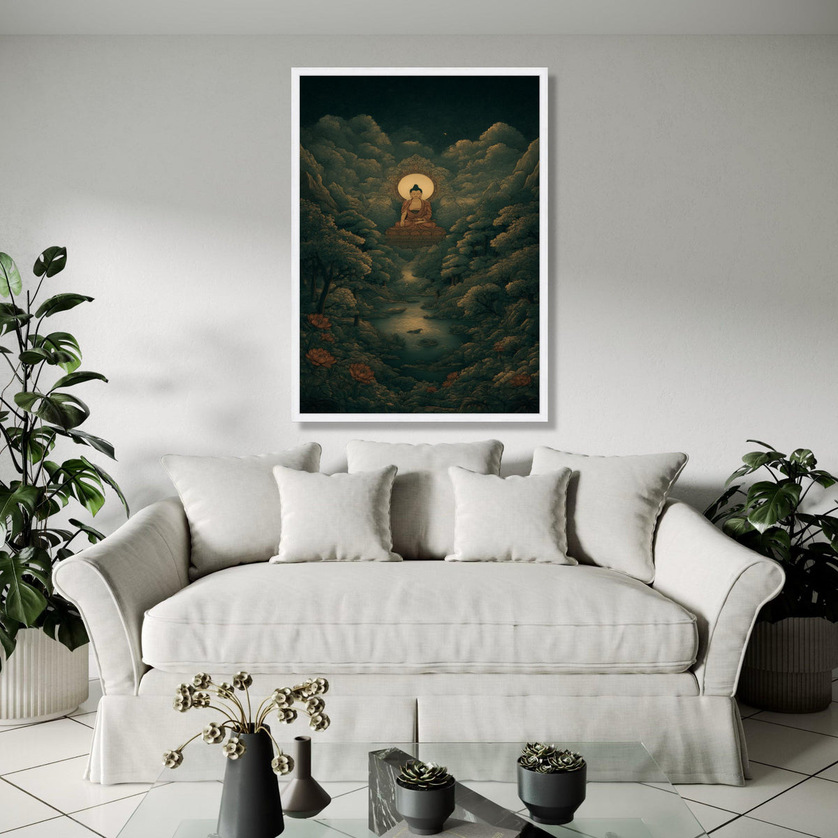 Serene Buddha Meditation Canvas, Spiritual Wall Art, Zen Forest Landscape, Tranquil River Scene, Peaceful Home Gift Art, Home Decor, Print