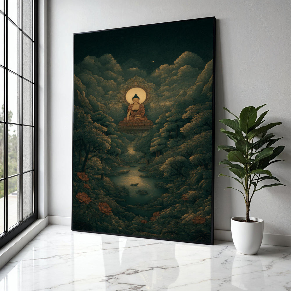 Serene Buddha Meditation Canvas, Spiritual Wall Art, Zen Forest Landscape, Tranquil River Scene, Peaceful Home Gift Art, Home Decor, Print