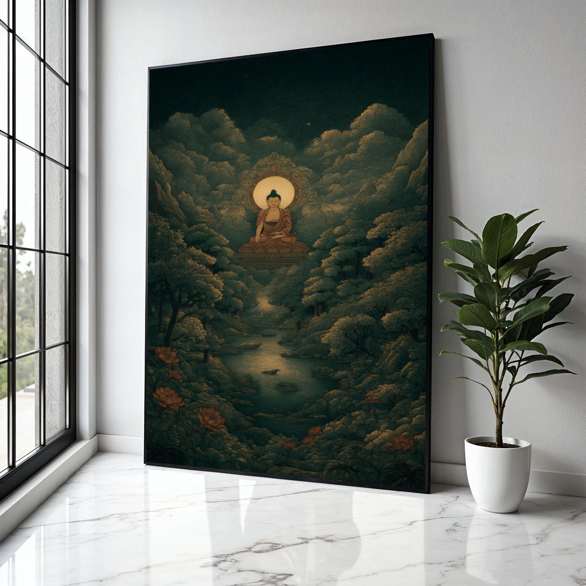 Serene Buddha Meditation Canvas, Spiritual Wall Art, Zen Forest Landscape, Tranquil River Scene, Peaceful Home Gift Art, Home Decor, Print