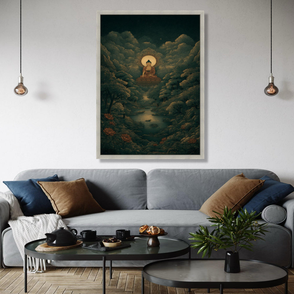 Serene Buddha Meditation Canvas, Spiritual Wall Art, Zen Forest Landscape, Tranquil River Scene, Peaceful Home Gift Art, Home Decor, Print