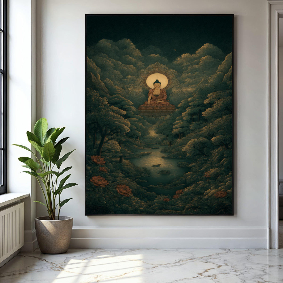 Serene Buddha Meditation Canvas, Spiritual Wall Art, Zen Forest Landscape, Tranquil River Scene, Peaceful Home Gift Art, Home Decor, Print