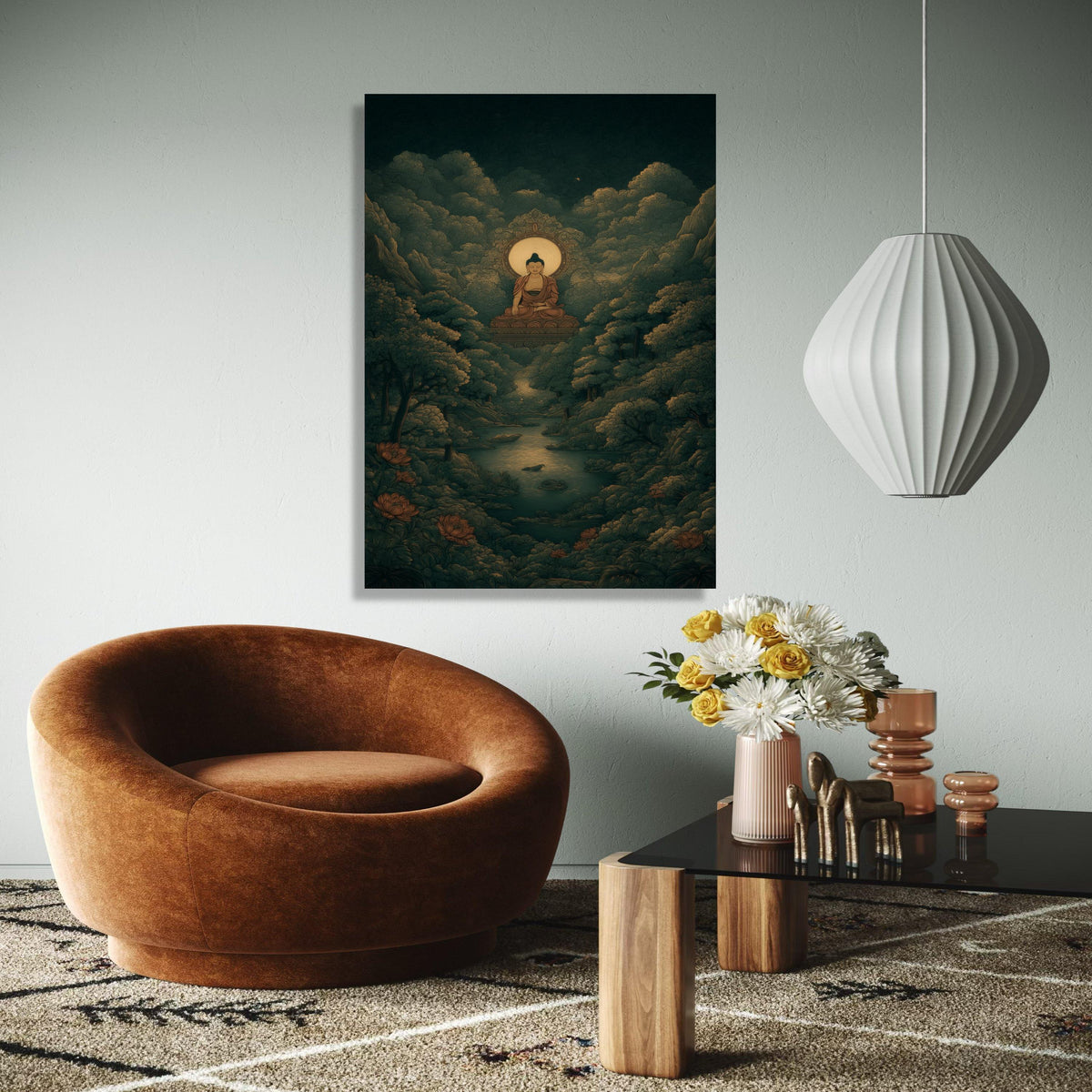 Serene Buddha Meditation Canvas, Spiritual Wall Art, Zen Forest Landscape, Tranquil River Scene, Peaceful Home Gift Art, Home Decor, Print