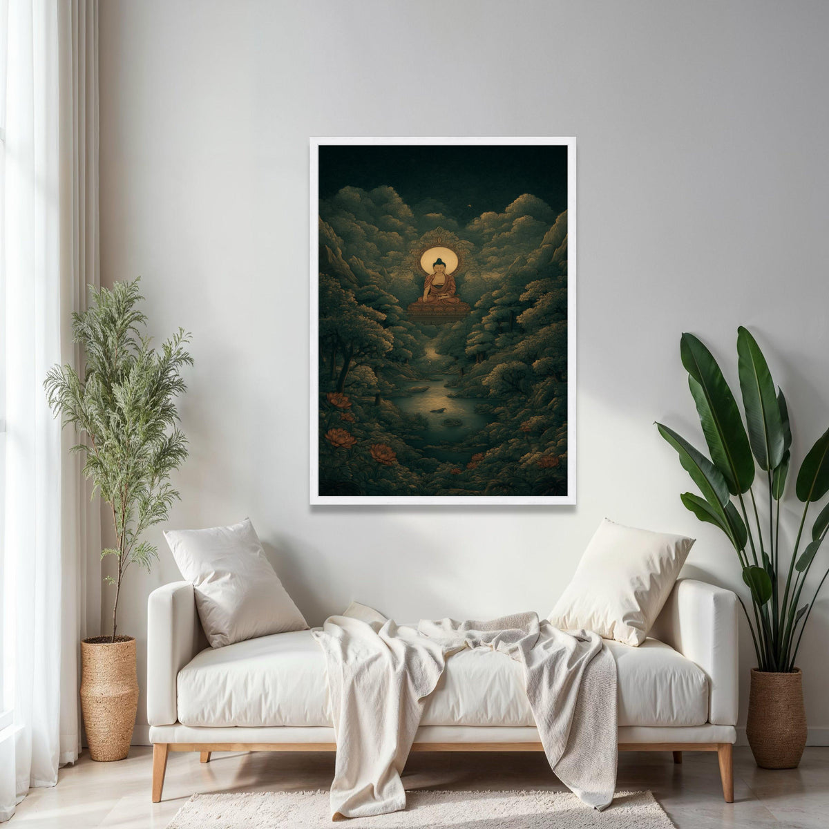 Serene Buddha Meditation Canvas, Spiritual Wall Art, Zen Forest Landscape, Tranquil River Scene, Peaceful Home Gift Art, Home Decor, Print