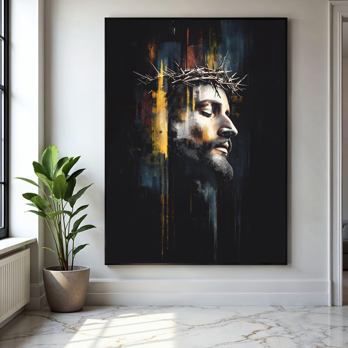 Jesus Christ Crown of Thorns Canvas, Religious Wall Art, Spiritual Portrait Painting, Modern Christian Canvas, Gift Art, Home Decor, Print