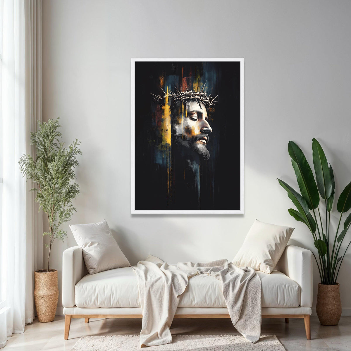 Jesus Christ Crown of Thorns Canvas, Religious Wall Art, Spiritual Portrait Painting, Modern Christian Canvas, Gift Art, Home Decor, Print