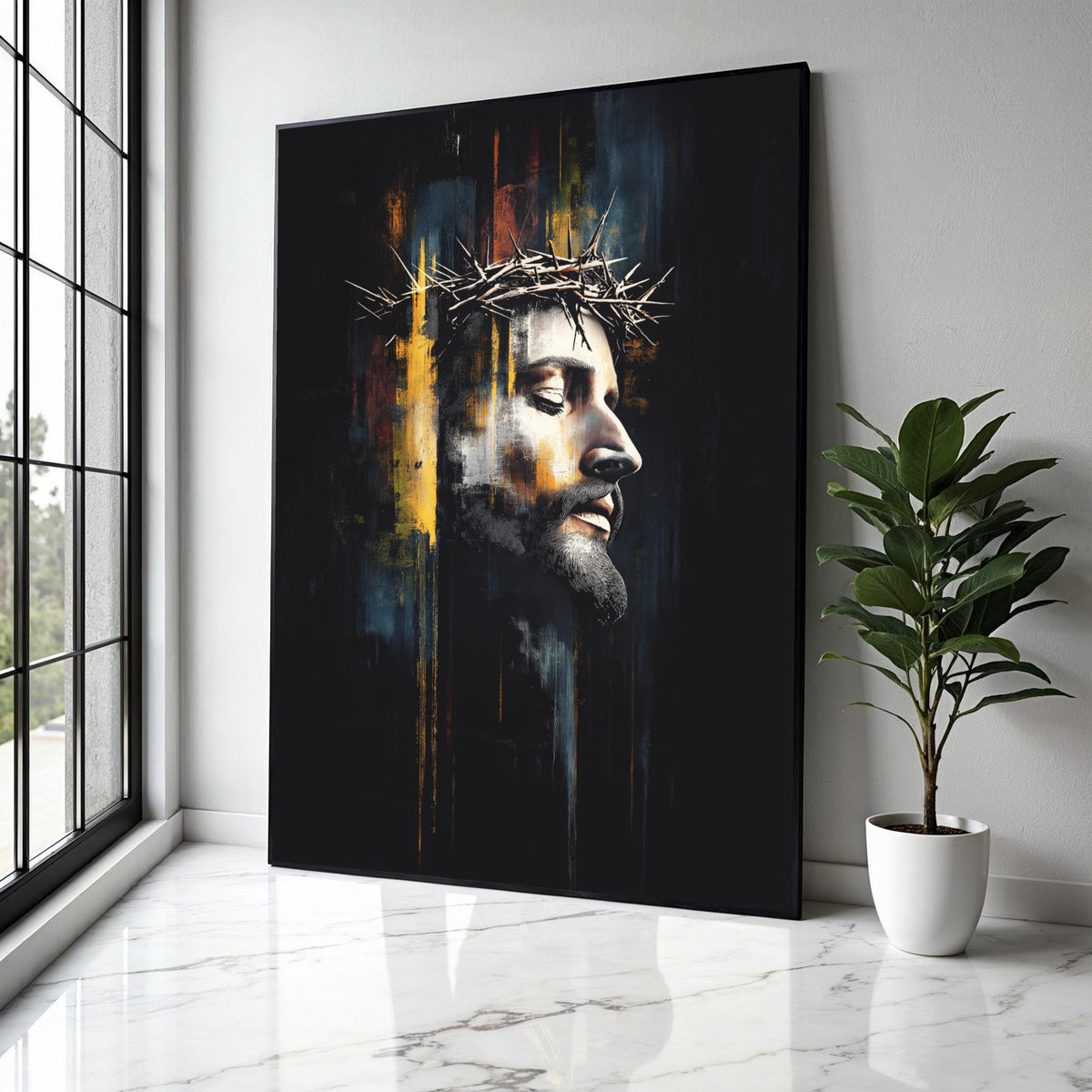Jesus Christ Crown of Thorns Canvas, Religious Wall Art, Spiritual Portrait Painting, Modern Christian Canvas, Gift Art, Home Decor, Print