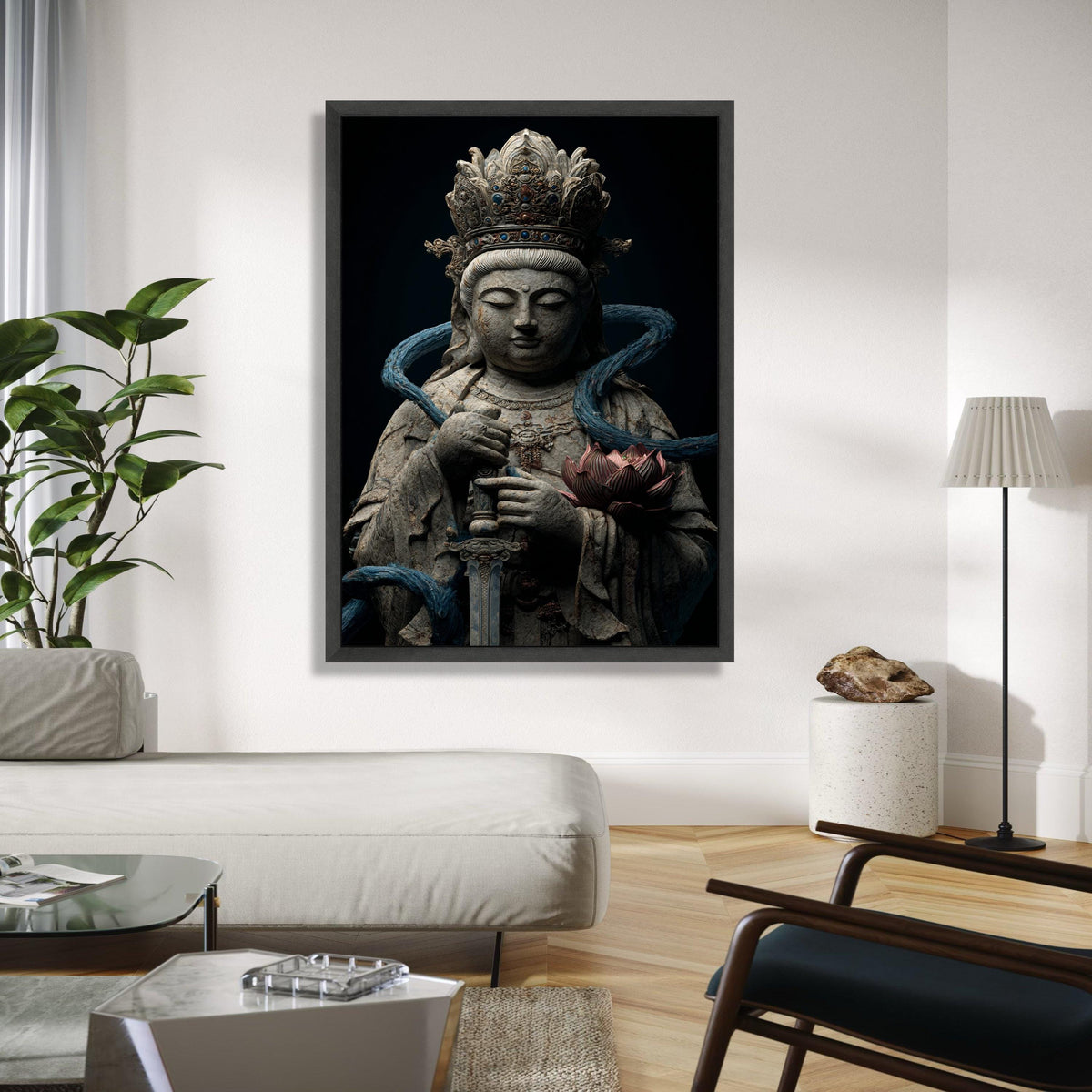 Serene Bodhisattva Statue Canvas Wall Art, Spiritual Zen Decor, Antique Asian Sculpture Print, Meditative Buddha Gift Art, Home Decor, Print