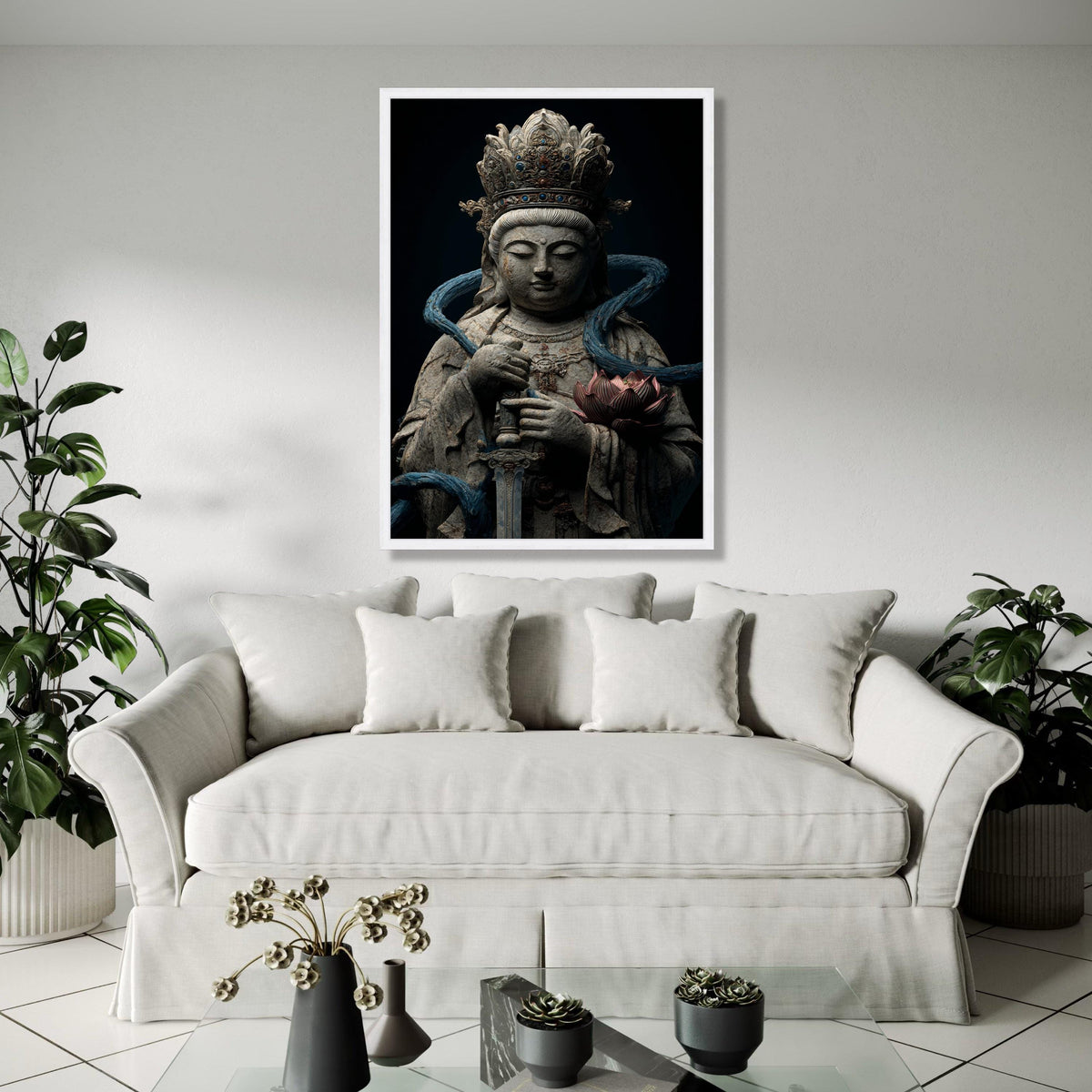 Serene Bodhisattva Statue Canvas Wall Art, Spiritual Zen Decor, Antique Asian Sculpture Print, Meditative Buddha Gift Art, Home Decor, Print
