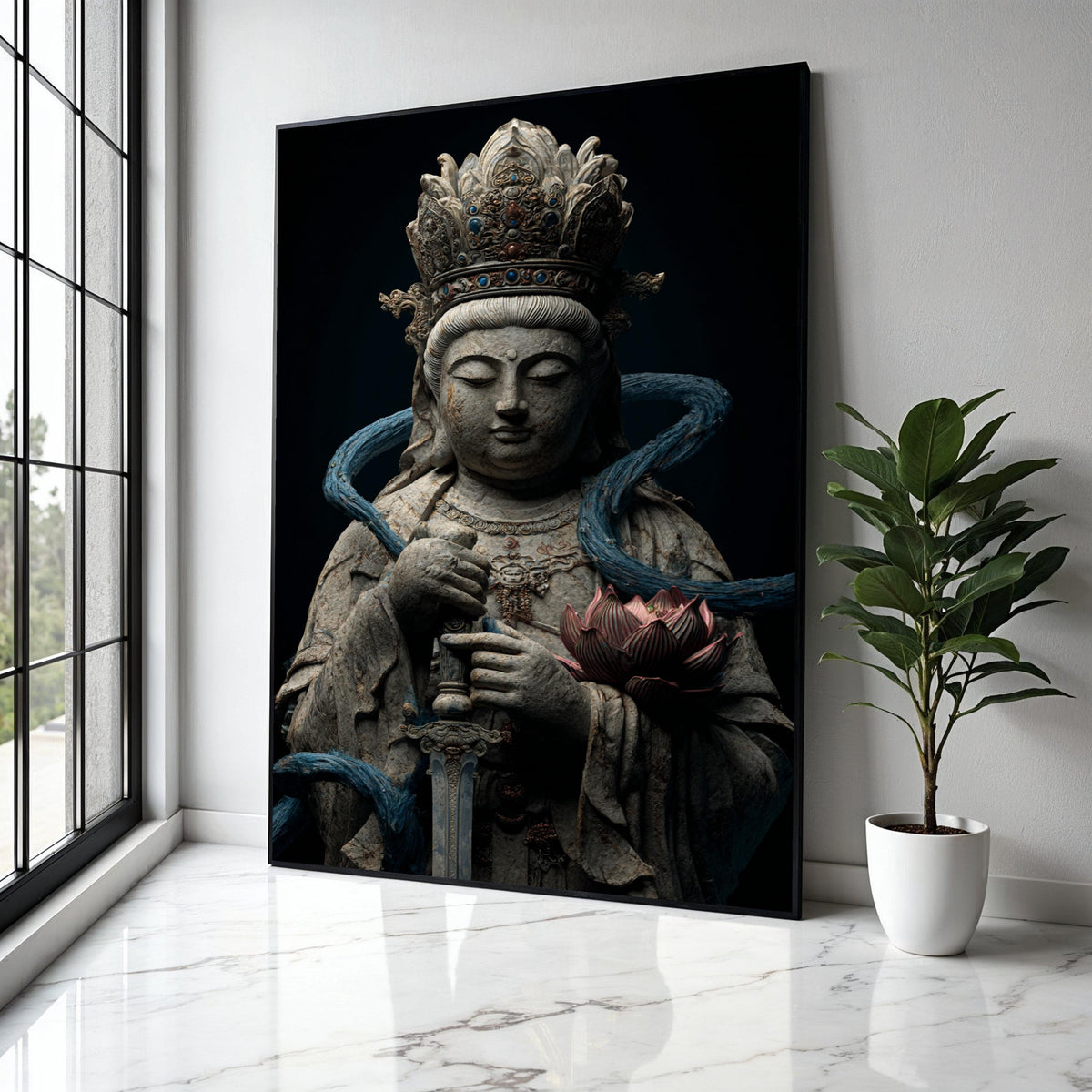 Serene Bodhisattva Statue Canvas Wall Art, Spiritual Zen Decor, Antique Asian Sculpture Print, Meditative Buddha Gift Art, Home Decor, Print