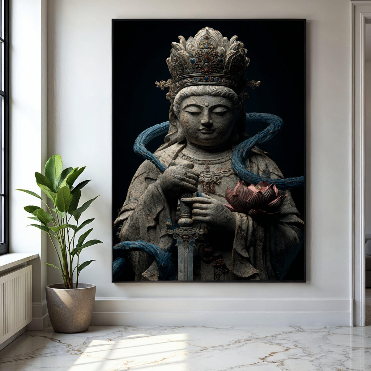 Serene Bodhisattva Statue Canvas Wall Art, Spiritual Zen Decor, Antique Asian Sculpture Print, Meditative Buddha Gift Art, Home Decor, Print