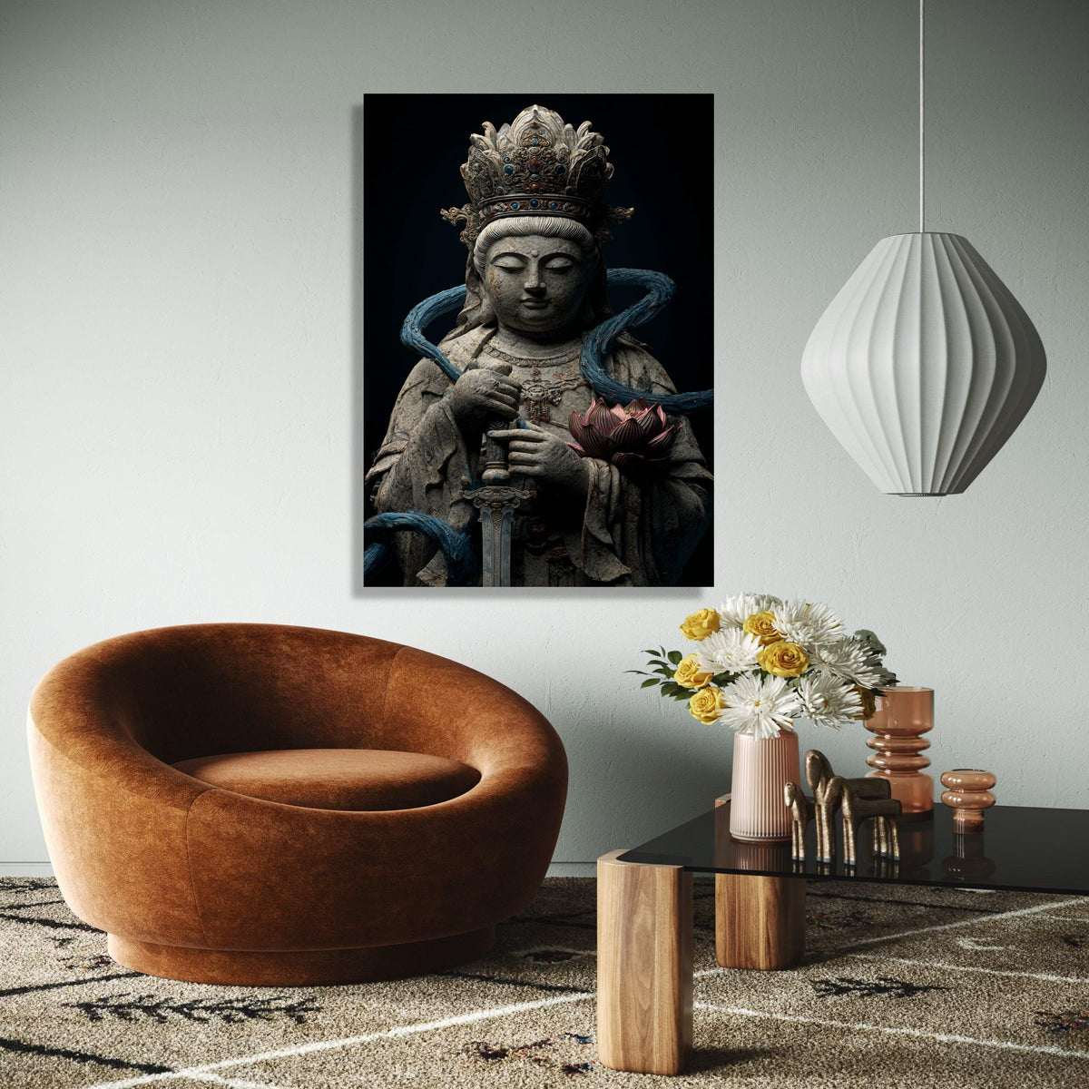 Serene Bodhisattva Statue Canvas Wall Art, Spiritual Zen Decor, Antique Asian Sculpture Print, Meditative Buddha Gift Art, Home Decor, Print