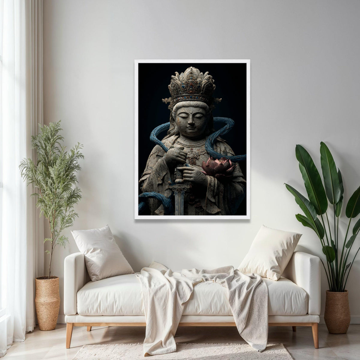 Serene Bodhisattva Statue Canvas Wall Art, Spiritual Zen Decor, Antique Asian Sculpture Print, Meditative Buddha Gift Art, Home Decor, Print