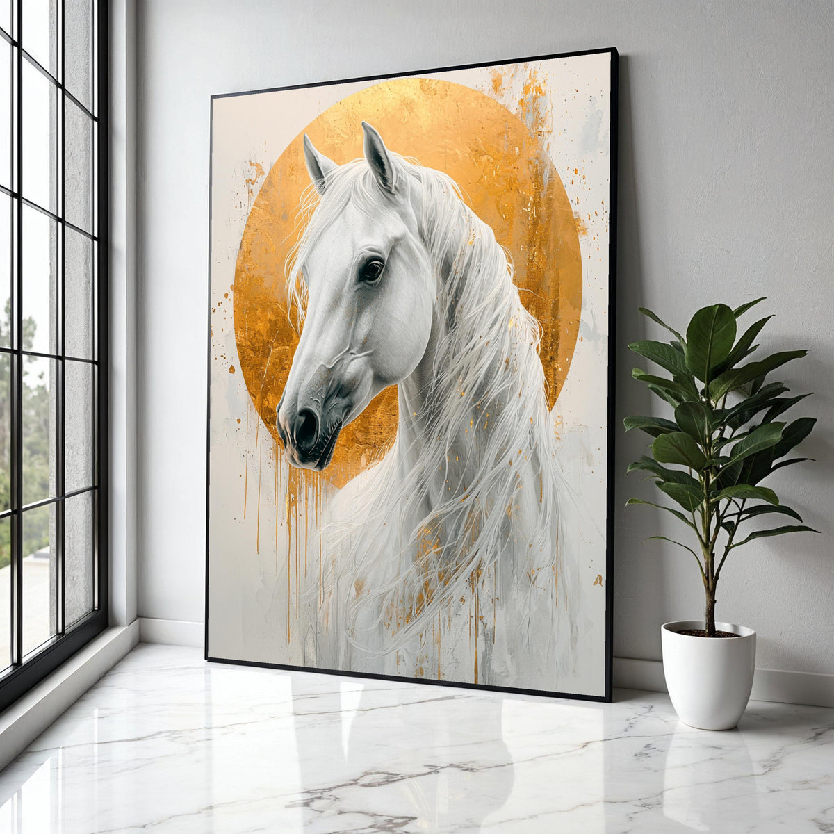 Majestic White Horse Canvas, Gold Halo Wall Art, Elegant Animal Portrait, Modern Equestrian Decor, Ready to Hang Gift Art, Home Decor, Print