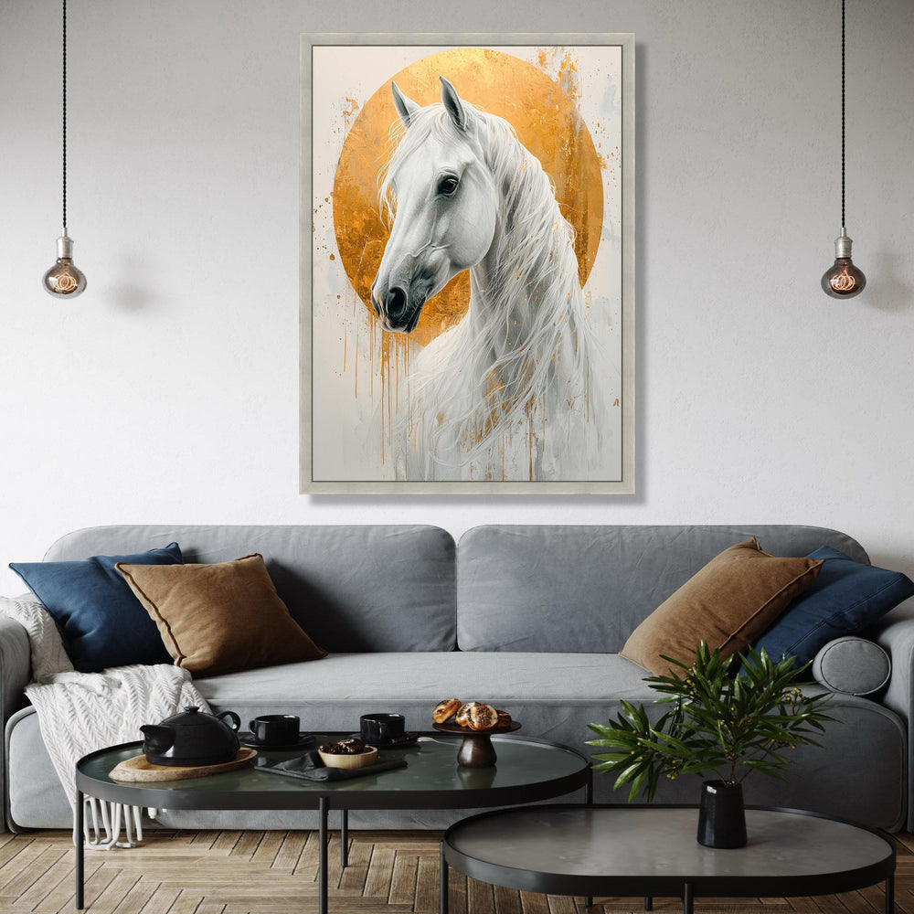 Majestic White Horse Canvas, Gold Halo Wall Art, Elegant Animal Portrait, Modern Equestrian Decor, Ready to Hang Gift Art, Home Decor, Print