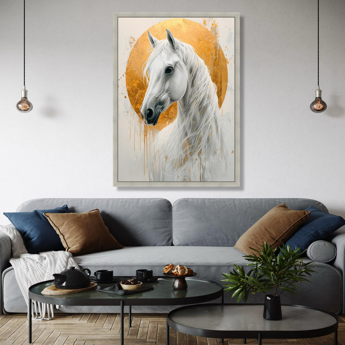 Majestic White Horse Canvas, Gold Halo Wall Art, Elegant Animal Portrait, Modern Equestrian Decor, Ready to Hang Gift Art, Home Decor, Print