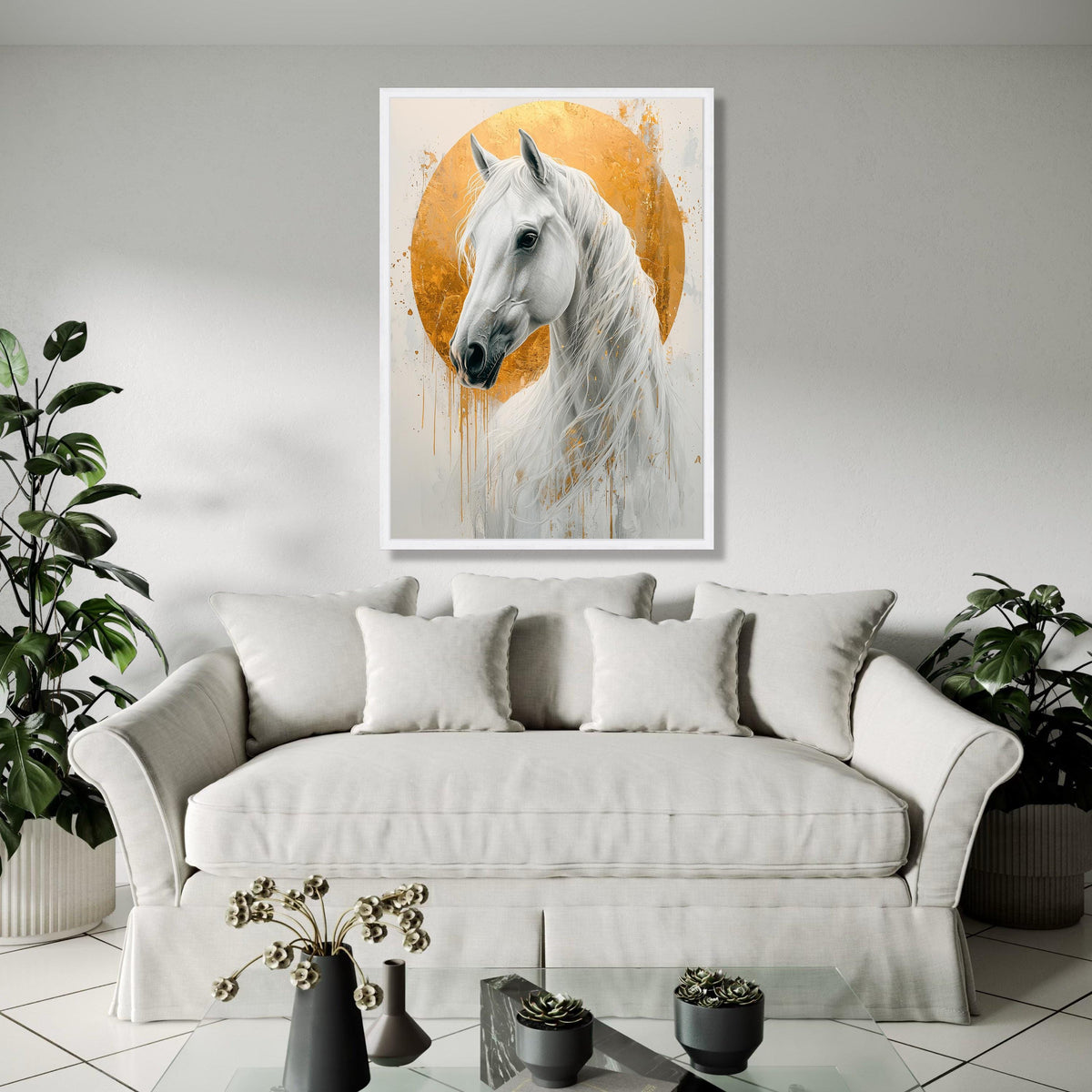 Majestic White Horse Canvas, Gold Halo Wall Art, Elegant Animal Portrait, Modern Equestrian Decor, Ready to Hang Gift Art, Home Decor, Print