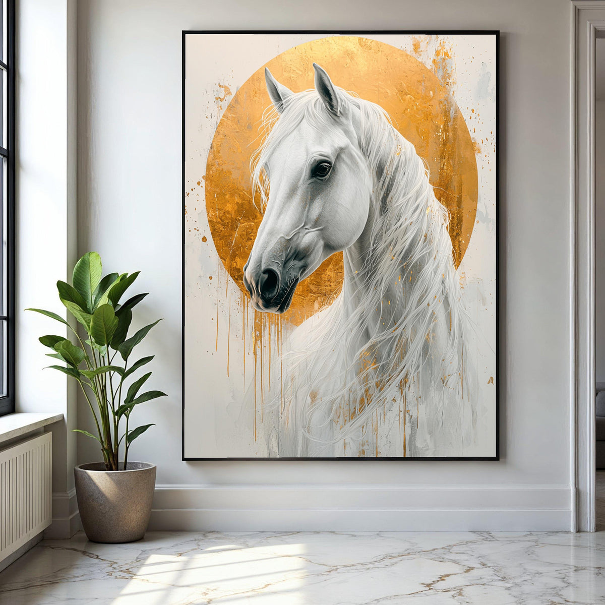Majestic White Horse Canvas, Gold Halo Wall Art, Elegant Animal Portrait, Modern Equestrian Decor, Ready to Hang Gift Art, Home Decor, Print