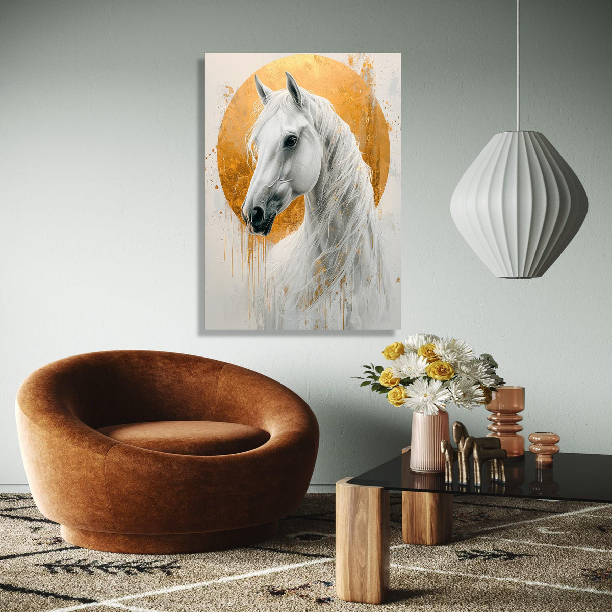 Majestic White Horse Canvas, Gold Halo Wall Art, Elegant Animal Portrait, Modern Equestrian Decor, Ready to Hang Gift Art, Home Decor, Print