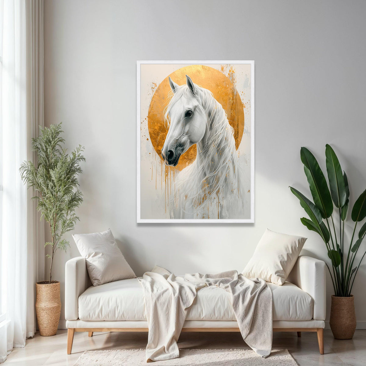 Majestic White Horse Canvas, Gold Halo Wall Art, Elegant Animal Portrait, Modern Equestrian Decor, Ready to Hang Gift Art, Home Decor, Print