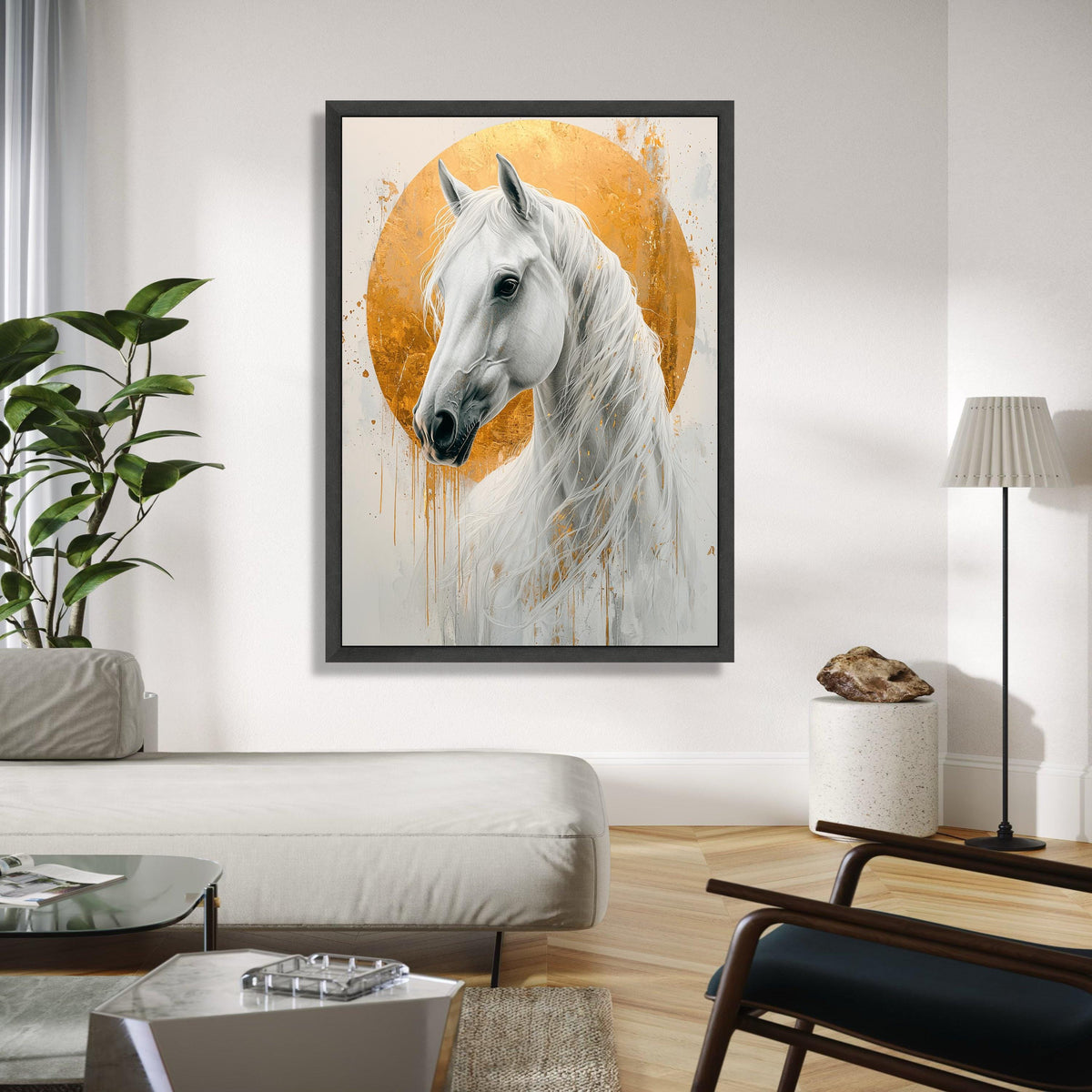Majestic White Horse Canvas, Gold Halo Wall Art, Elegant Animal Portrait, Modern Equestrian Decor, Ready to Hang Gift Art, Home Decor, Print