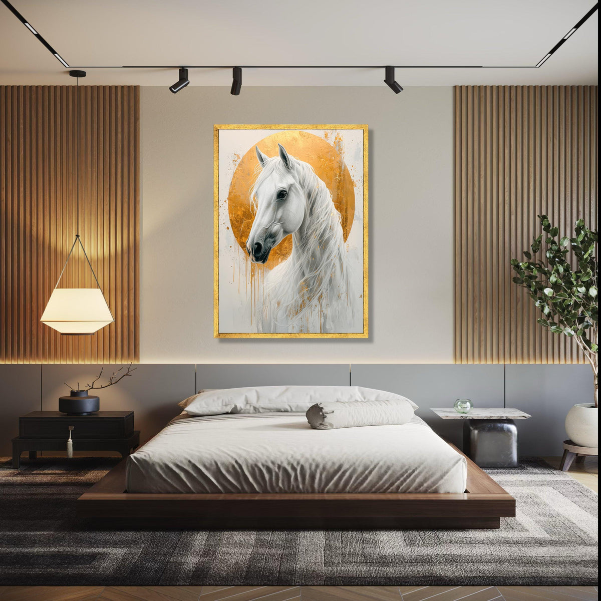 Majestic White Horse Canvas, Gold Halo Wall Art, Elegant Animal Portrait, Modern Equestrian Decor, Ready to Hang Gift Art, Home Decor, Print