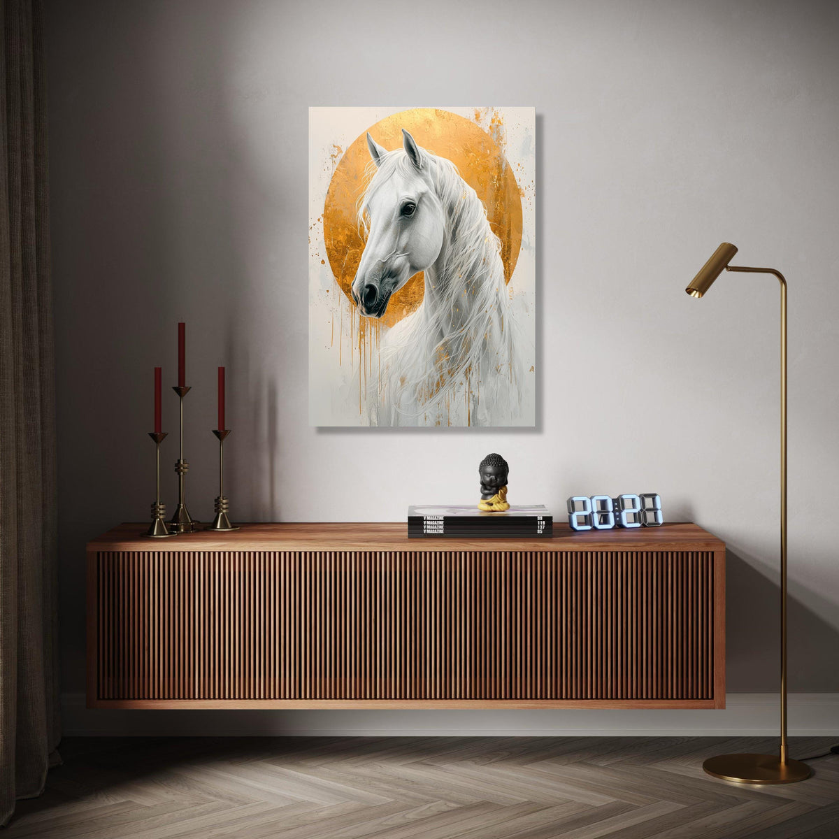 Majestic White Horse Canvas, Gold Halo Wall Art, Elegant Animal Portrait, Modern Equestrian Decor, Ready to Hang Gift Art, Home Decor, Print