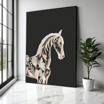 Floral Horse Silhouette Canvas, Modern Botanical Animal Art, Black Background Wall Decor, Contemporary Nature Gift Art, Home Decor, Print