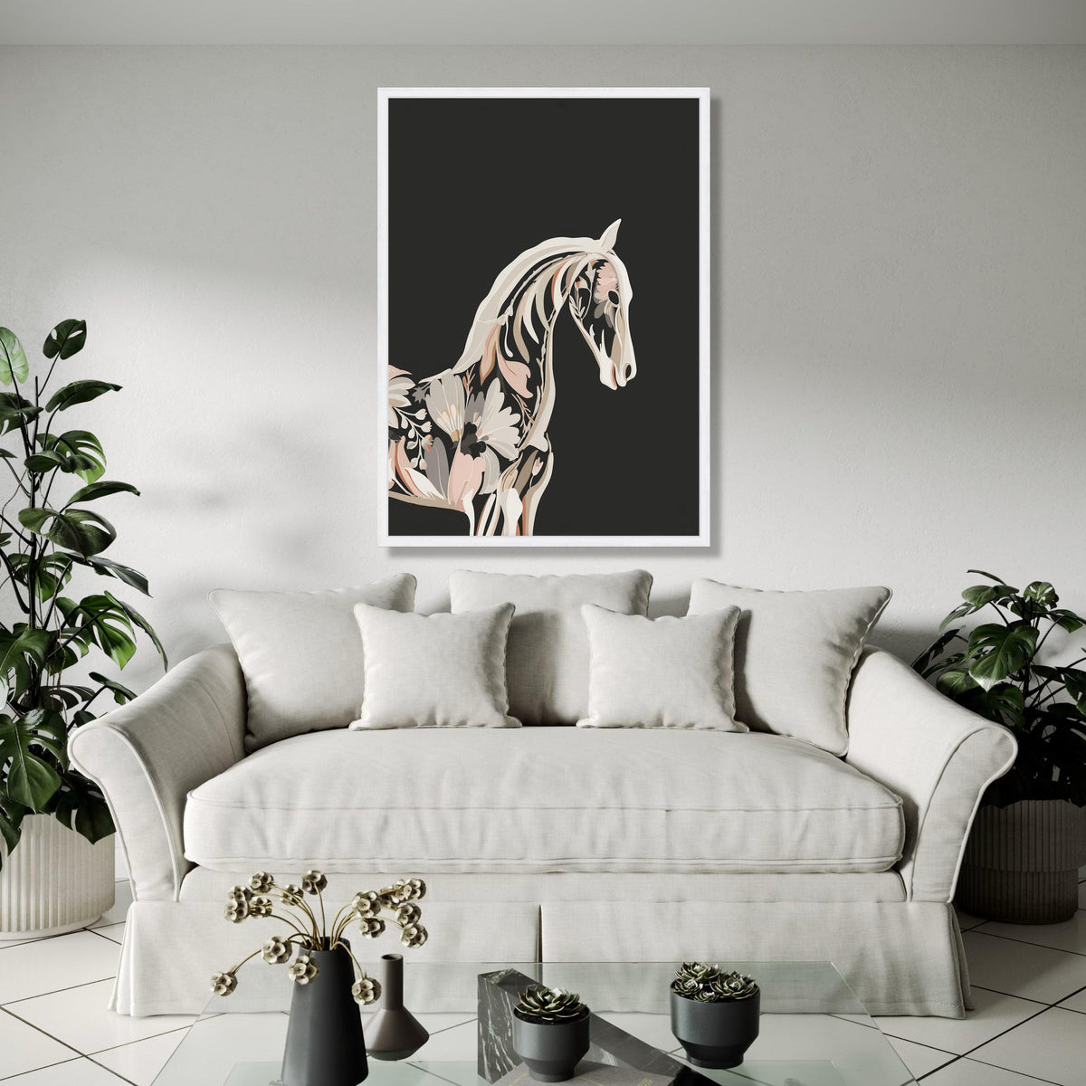 Floral Horse Silhouette Canvas, Modern Botanical Animal Art, Black Background Wall Decor, Contemporary Nature Gift Art, Home Decor, Print