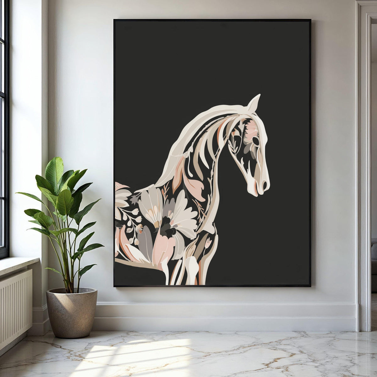 Floral Horse Silhouette Canvas, Modern Botanical Animal Art, Black Background Wall Decor, Contemporary Nature Gift Art, Home Decor, Print