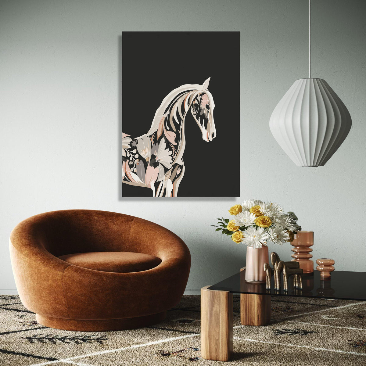 Floral Horse Silhouette Canvas, Modern Botanical Animal Art, Black Background Wall Decor, Contemporary Nature Gift Art, Home Decor, Print
