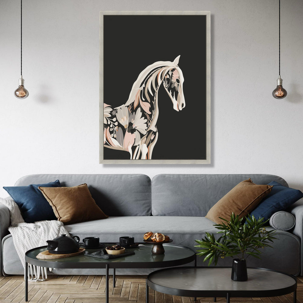 Floral Horse Silhouette Canvas, Modern Botanical Animal Art, Black Background Wall Decor, Contemporary Nature Gift Art, Home Decor, Print