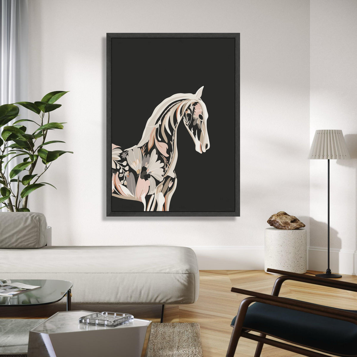 Floral Horse Silhouette Canvas, Modern Botanical Animal Art, Black Background Wall Decor, Contemporary Nature Gift Art, Home Decor, Print