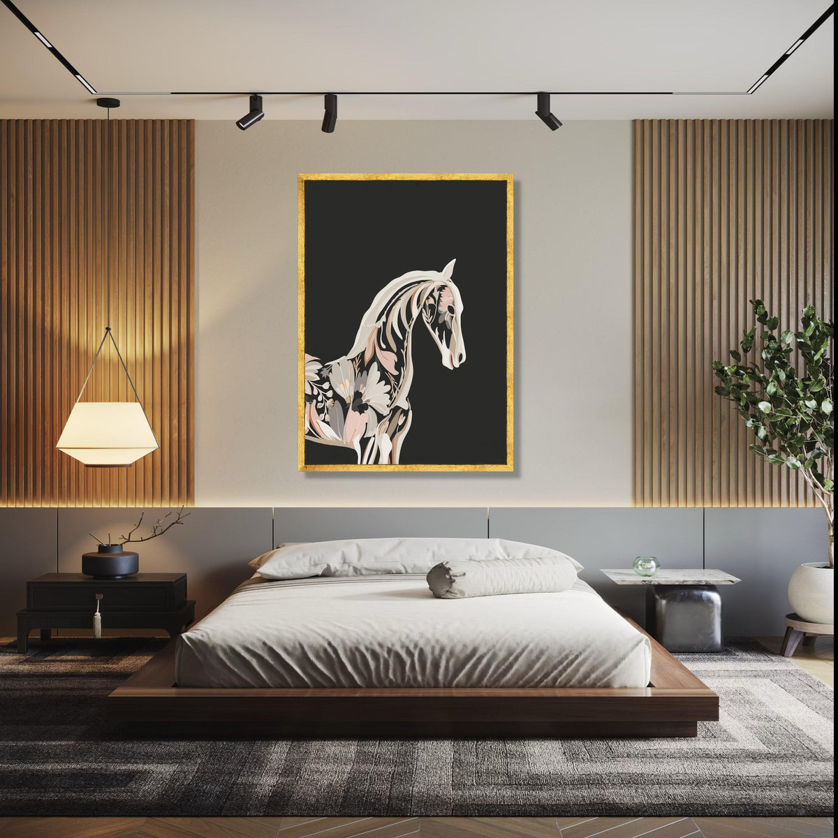 Floral Horse Silhouette Canvas, Modern Botanical Animal Art, Black Background Wall Decor, Contemporary Nature Gift Art, Home Decor, Print