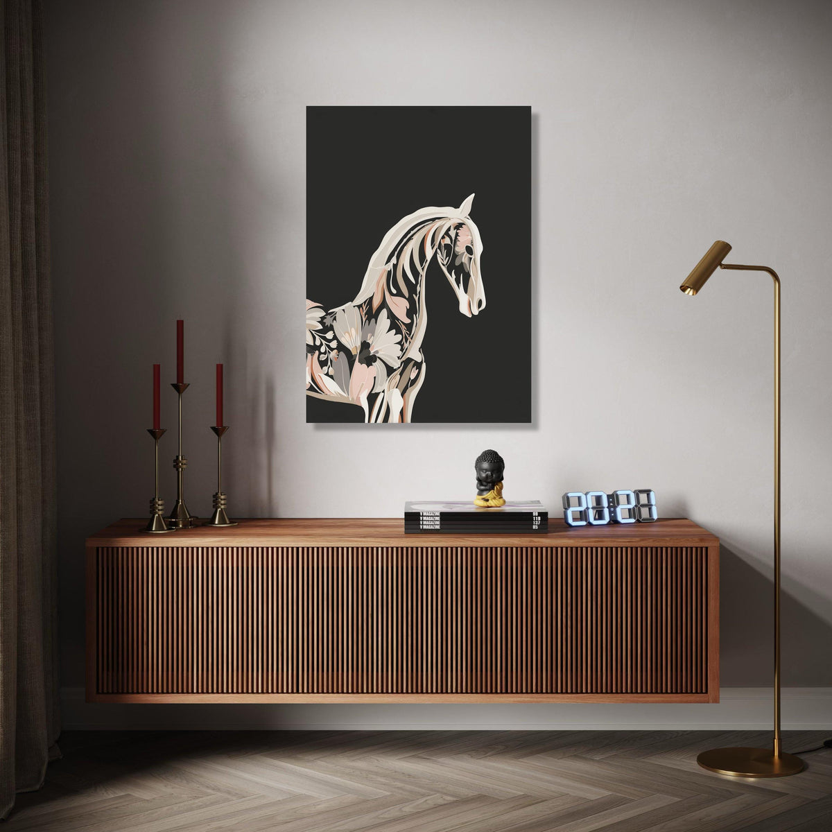 Floral Horse Silhouette Canvas, Modern Botanical Animal Art, Black Background Wall Decor, Contemporary Nature Gift Art, Home Decor, Print