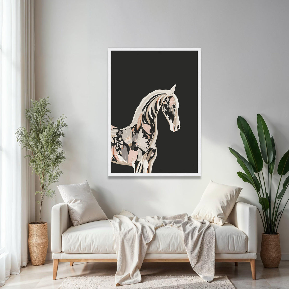 Floral Horse Silhouette Canvas, Modern Botanical Animal Art, Black Background Wall Decor, Contemporary Nature Gift Art, Home Decor, Print