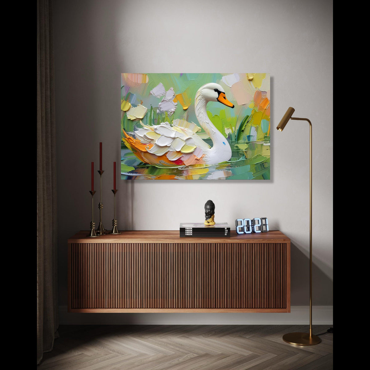 Elegant White Swan Canvas Wall Art, Impasto Painting, Nature Animal Decor, Colorful Water Reflection Artwork, Gift Art, Home Decor, Print