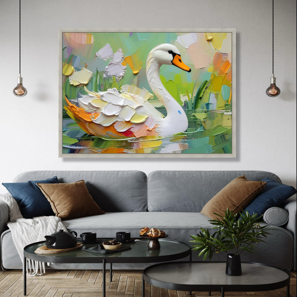 Elegant White Swan Canvas Wall Art, Impasto Painting, Nature Animal Decor, Colorful Water Reflection Artwork, Gift Art, Home Decor, Print