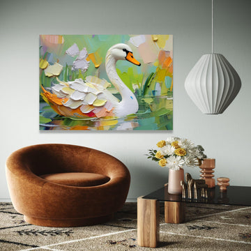 Elegant White Swan Canvas Wall Art, Impasto Painting, Nature Animal Decor, Colorful Water Reflection Artwork, Gift Art, Home Decor, Print