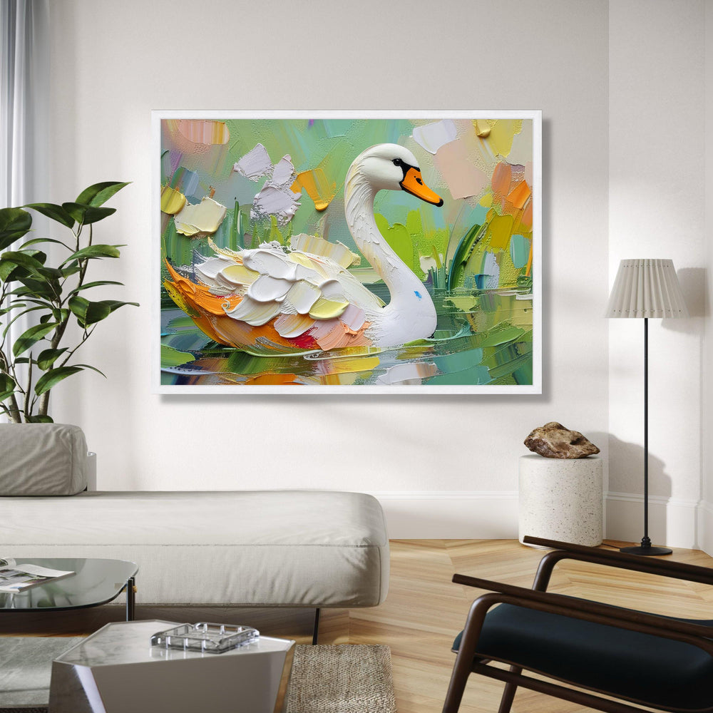 Elegant White Swan Canvas Wall Art, Impasto Painting, Nature Animal Decor, Colorful Water Reflection Artwork, Gift Art, Home Decor, Print