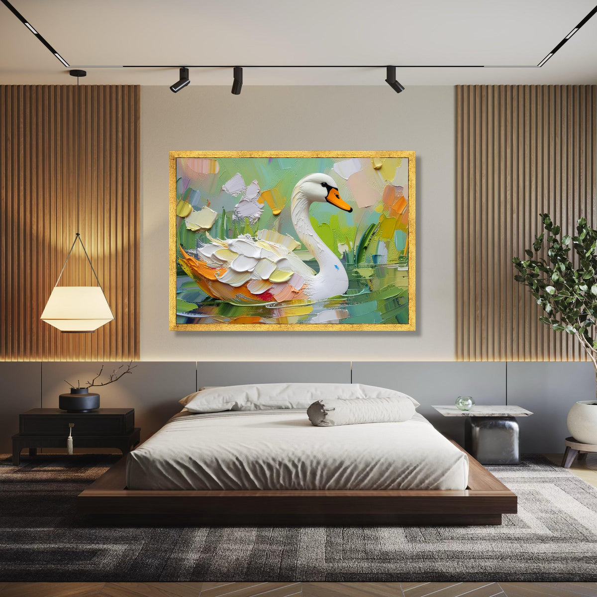 Elegant White Swan Canvas Wall Art, Impasto Painting, Nature Animal Decor, Colorful Water Reflection Artwork, Gift Art, Home Decor, Print