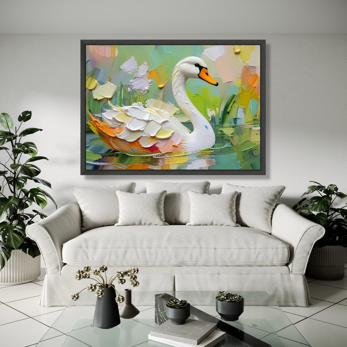 Elegant White Swan Canvas Wall Art, Impasto Painting, Nature Animal Decor, Colorful Water Reflection Artwork, Gift Art, Home Decor, Print