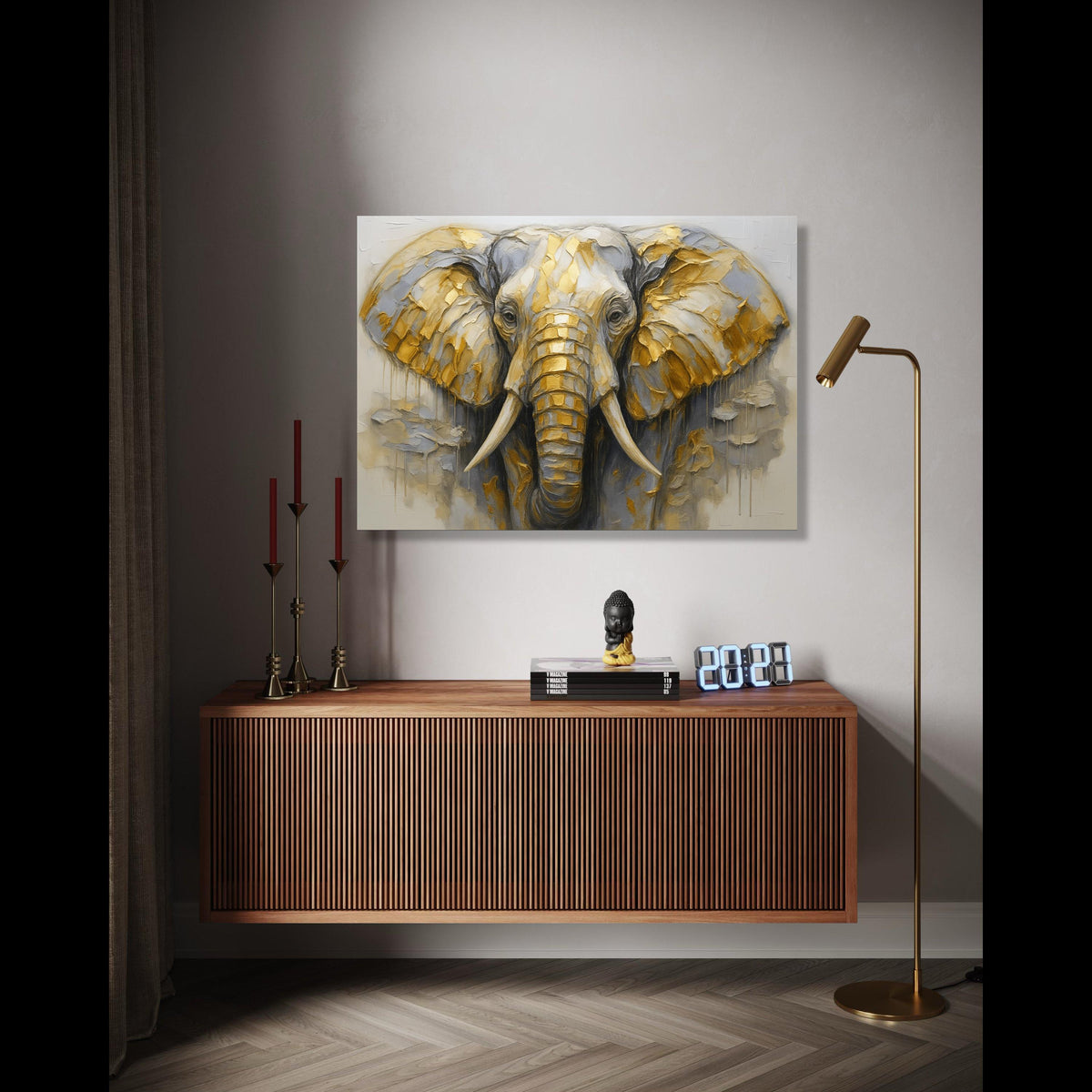 Majestic Elephant Canvas Wall Art, Gold and Gray Abstract Animal Painting, Wildlife Decor, Safari Canvas, Modern Gift Art, Home Decor, Print