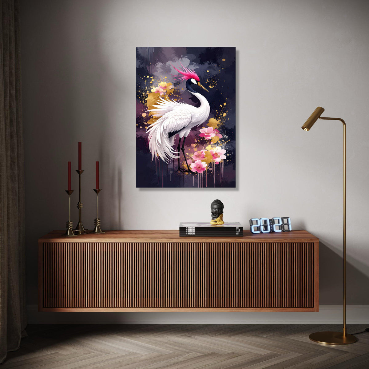 Elegant Pink Crested Crane Canvas, Floral Bird Wall Art, Modern Nature Painting, Japanese Style Home Decor, Gift Art, Home Decor, Print