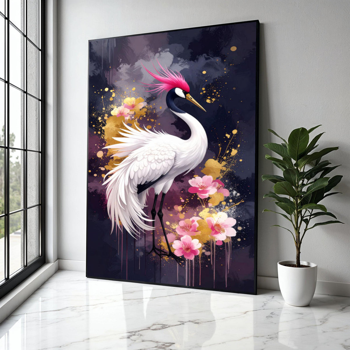 Elegant Pink Crested Crane Canvas, Floral Bird Wall Art, Modern Nature Painting, Japanese Style Home Decor, Gift Art, Home Decor, Print