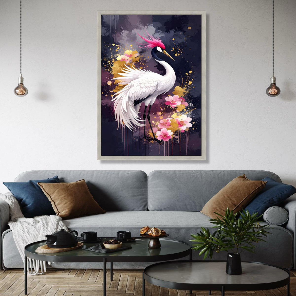 Elegant Pink Crested Crane Canvas, Floral Bird Wall Art, Modern Nature Painting, Japanese Style Home Decor, Gift Art, Home Decor, Print