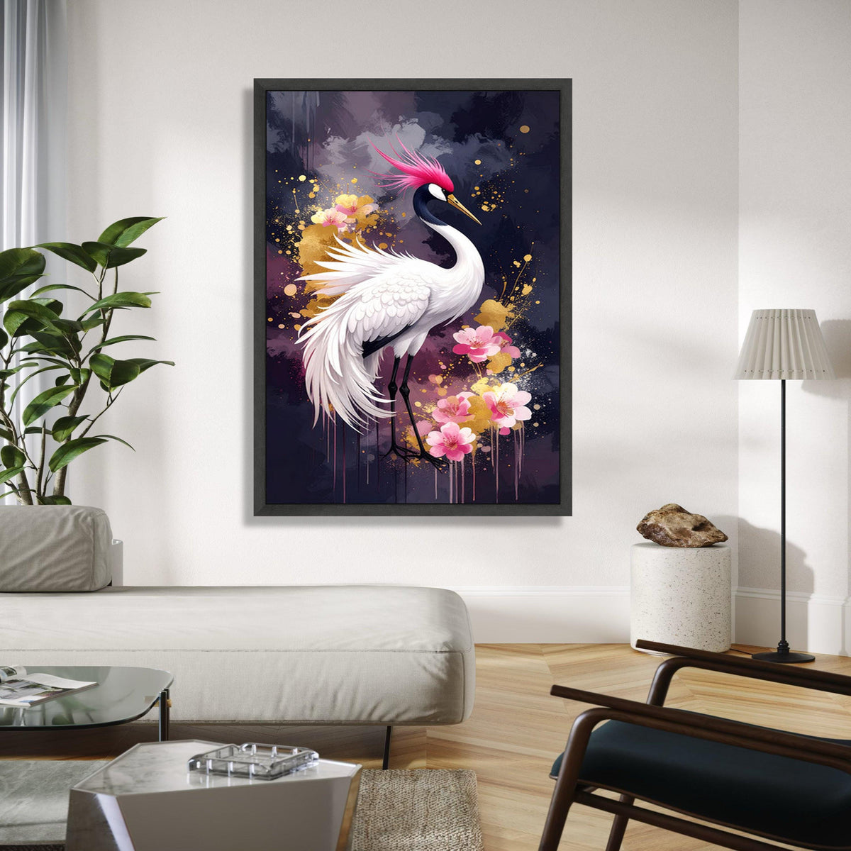 Elegant Pink Crested Crane Canvas, Floral Bird Wall Art, Modern Nature Painting, Japanese Style Home Decor, Gift Art, Home Decor, Print
