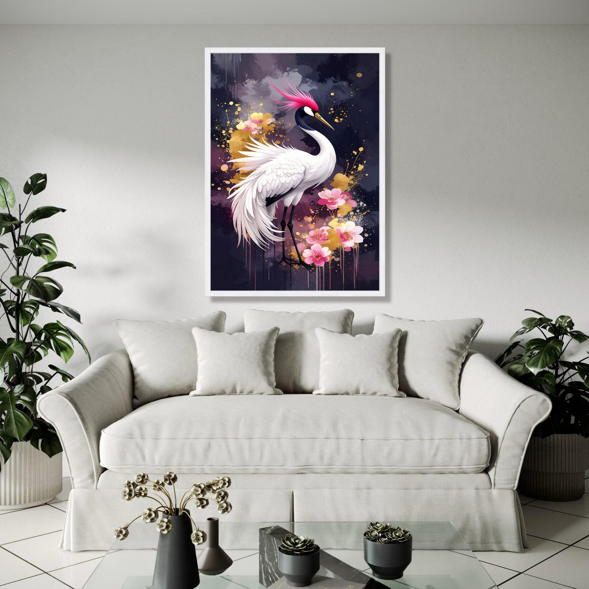 Elegant Pink Crested Crane Canvas, Floral Bird Wall Art, Modern Nature Painting, Japanese Style Home Decor, Gift Art, Home Decor, Print