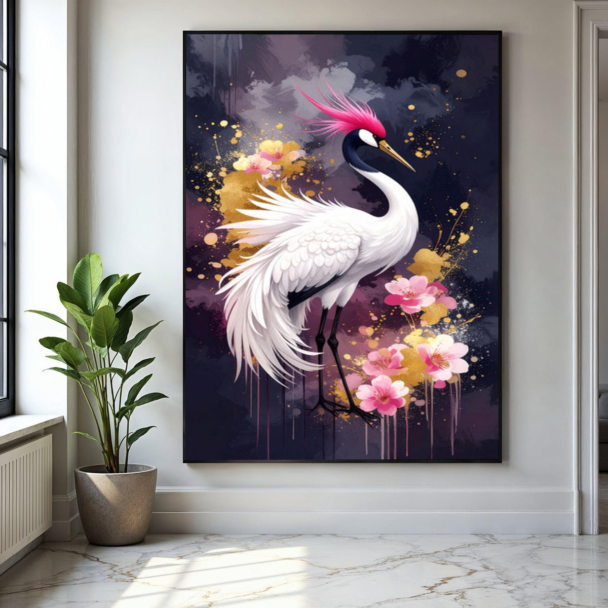 Elegant Pink Crested Crane Canvas, Floral Bird Wall Art, Modern Nature Painting, Japanese Style Home Decor, Gift Art, Home Decor, Print