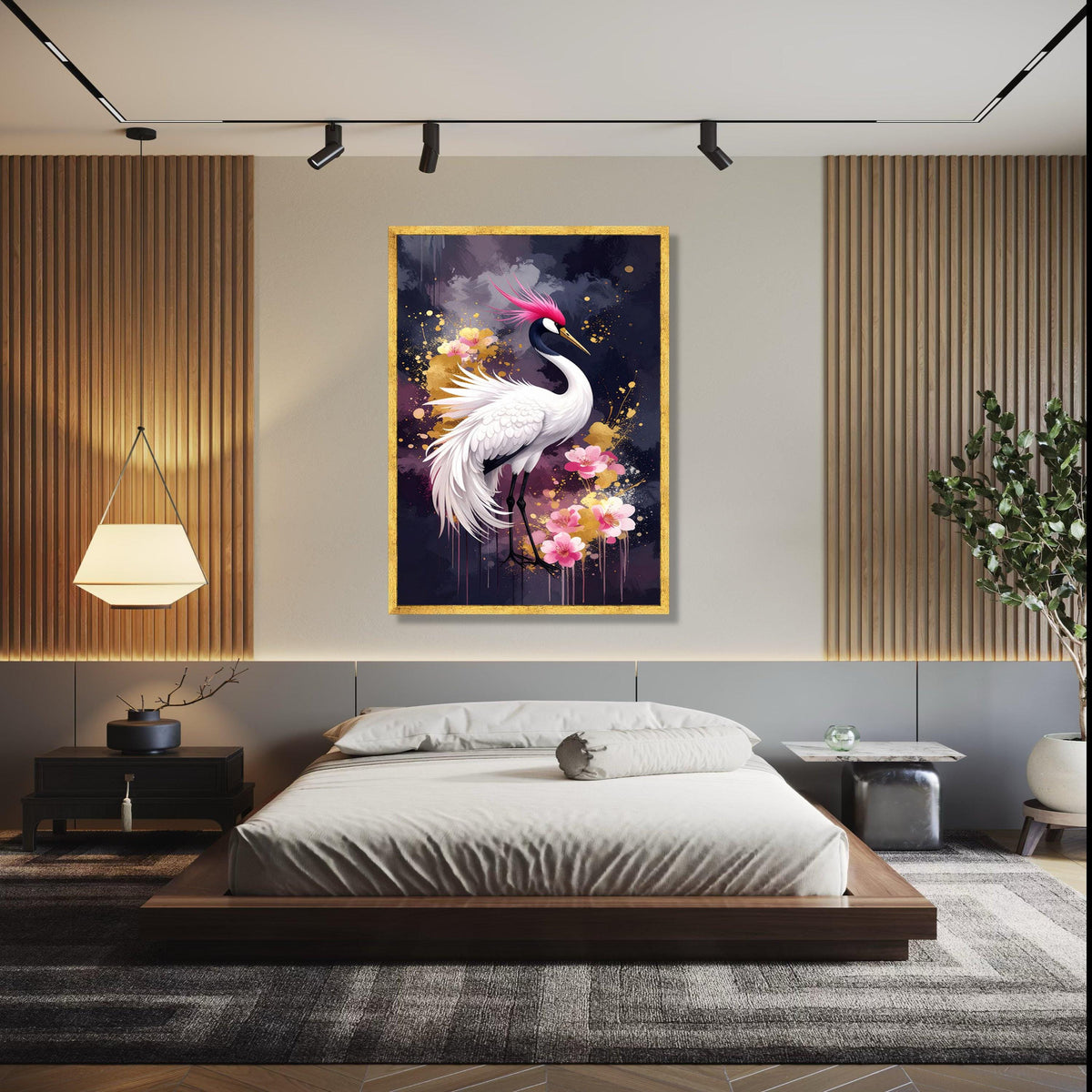 Elegant Pink Crested Crane Canvas, Floral Bird Wall Art, Modern Nature Painting, Japanese Style Home Decor, Gift Art, Home Decor, Print