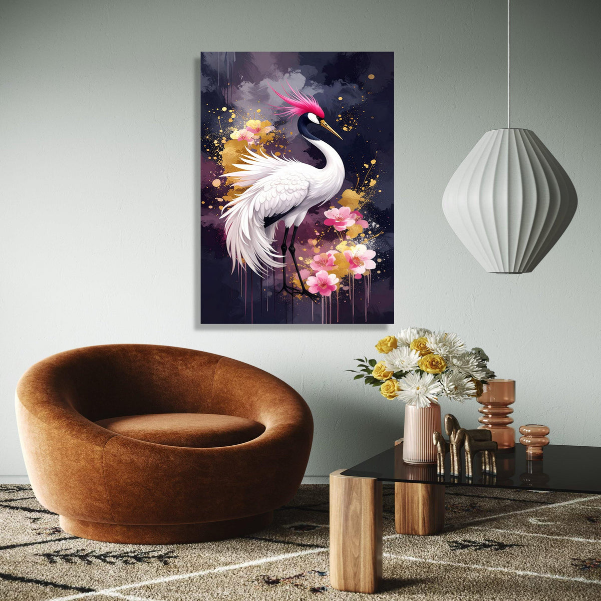 Elegant Pink Crested Crane Canvas, Floral Bird Wall Art, Modern Nature Painting, Japanese Style Home Decor, Gift Art, Home Decor, Print